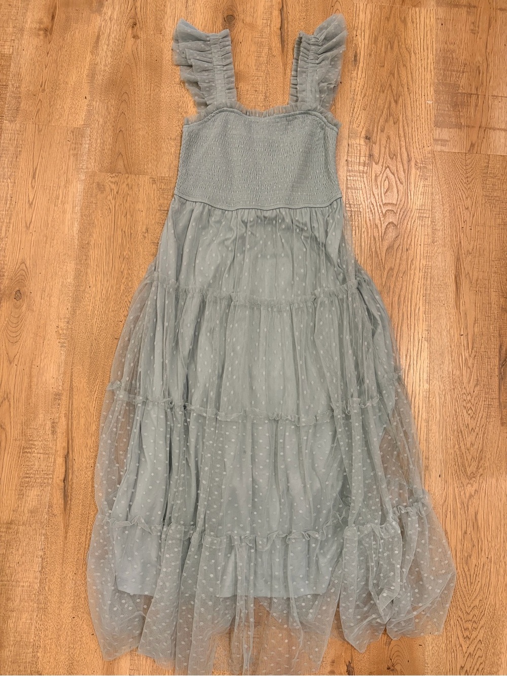 Altar'd State Sage Dot Mesh Ruffle Strap Dress